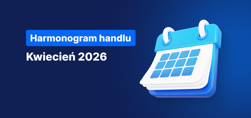 Kalendarz na niebieskim tle z białym napisem „Harmonogram godzin handlu – kwiecień 2026”.