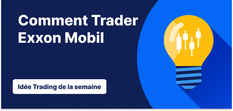 Ampoule avec des chandeliers à l'intérieur sur un fond bleu, texte : « Comment négocier Exxon Mobil Corp. Idée de trading de la semaine »