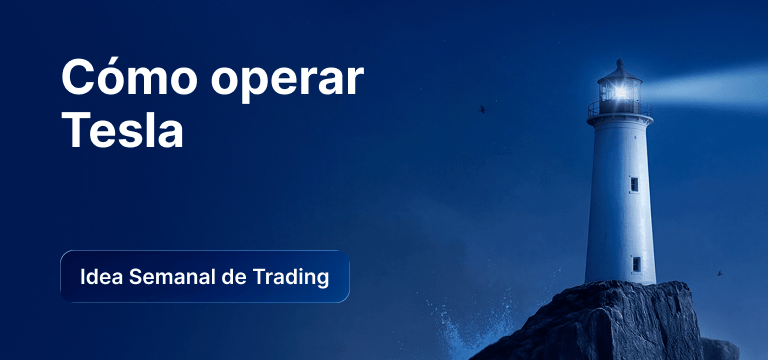 Bombilla con gráficos de velas en su interior sobre un fondo azul, texto: «Cómo operar con Tesla: idea de 'trading' de la semana».