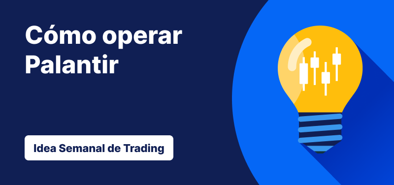 Bombilla con barras de velas dentro sobre un fondo azul, texto: 'Cómo Operar con Palantir: Idea de Trading de la Semana'.