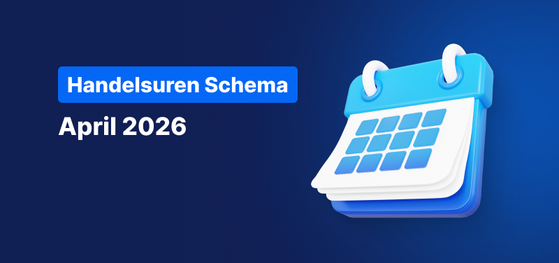 Blauwe achtergrond met een kalender en de tekst: Handelsuren Schema April 2026