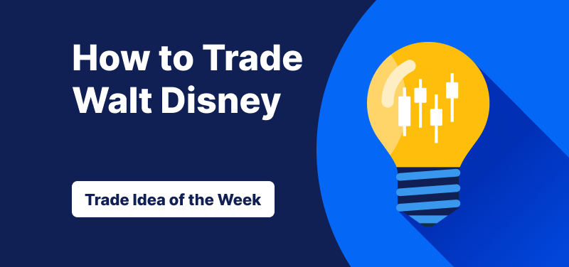 Light bulb with candlestick bars inside it against a blue background, text: ‘How to Trade Walt Disney. Trade Idea of the Week’.