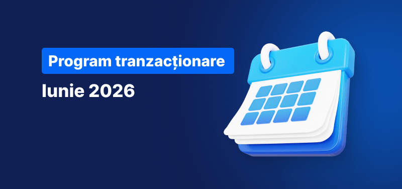Fundal albastru cu un calendar și textul: Program tranzacționare Iunie 2026.