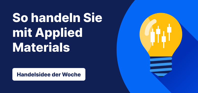 Grafik: „So handeln Sie mit Applied Materials“ – Titelbild zur Handelsidee der Woche von Admiral Markets mit Glühbirne und Chart-Symbolen.