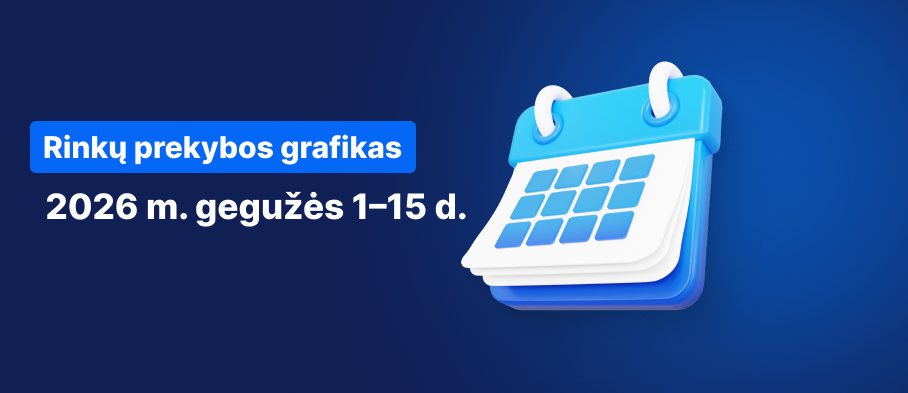 Kalendoriaus vaizdas mėlyname fone su baltu tekstu: „Prekybos valandų tvarkaraštis 2026 m. gegužės 1–15 d.“.
