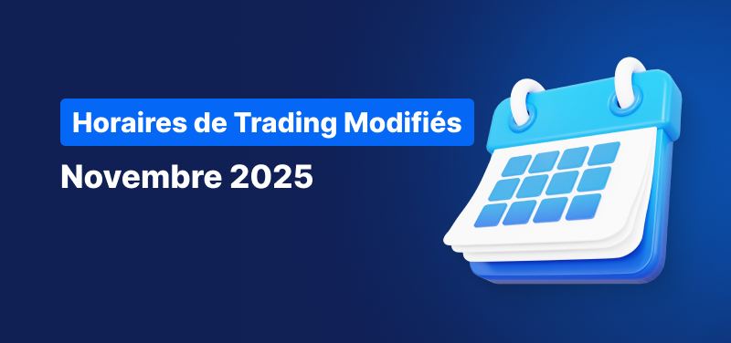 Calendrier sur fond bleu, le texte blanc indique « Calendrier des heures de trading Novembre 2025 ».