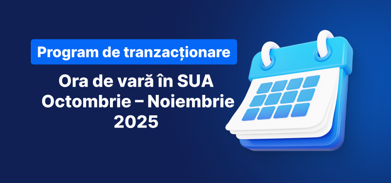 Calendar pe un fundal albastru, text alb scrie "Ora de vară în SUA Octombrie-Noiembrie 2025".