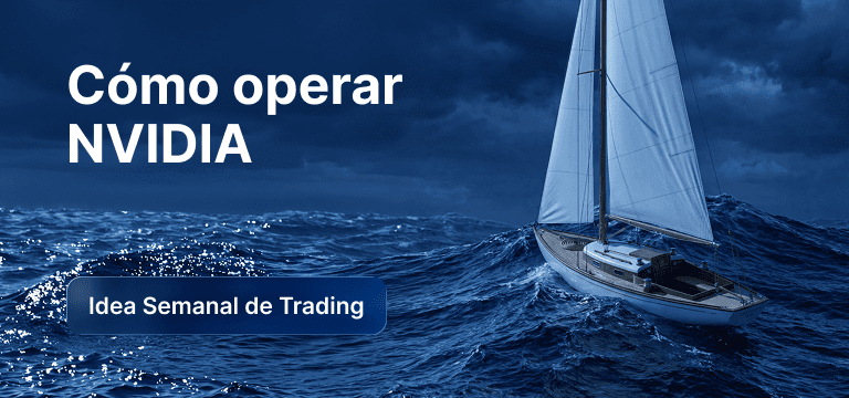 Bombilla con gráficos de velas en su interior sobre un fondo azul, texto: «Cómo operar con NVIDIA: idea de trading de la semana».