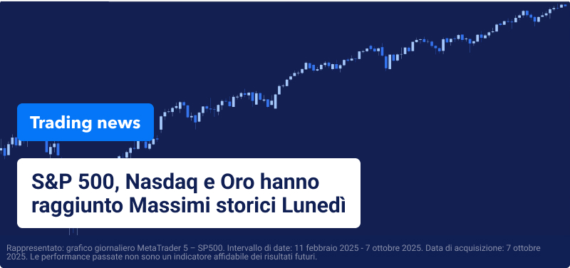 Grafico di trading su sfondo blu, il testo afferma: "S&P 500, Nasdaq e Oro hanno raggiungono massimi storici lunedì".