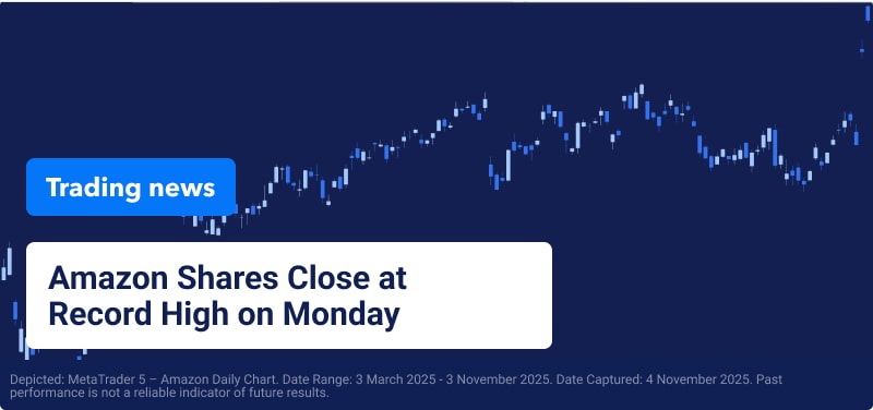 Blue amazon price chart with overlaid text reading "Amazon Shares Close at Record High on Monday".