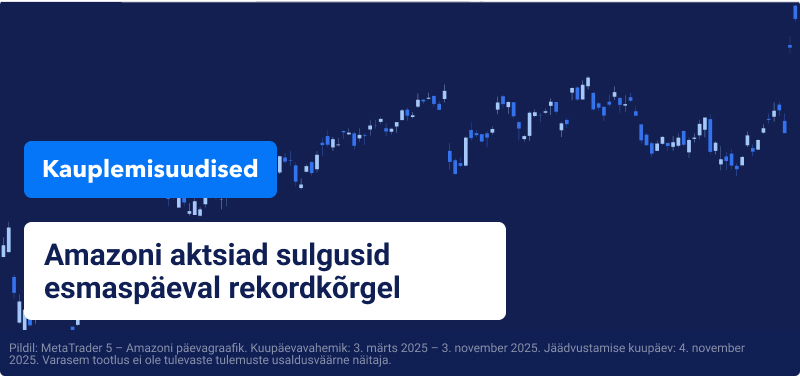 Sinine Amazoni hinnagraafik tekstiga "Amazoni aktsiad sulgusid esmaspäeval rekordiliselt kõrgel tasemel".