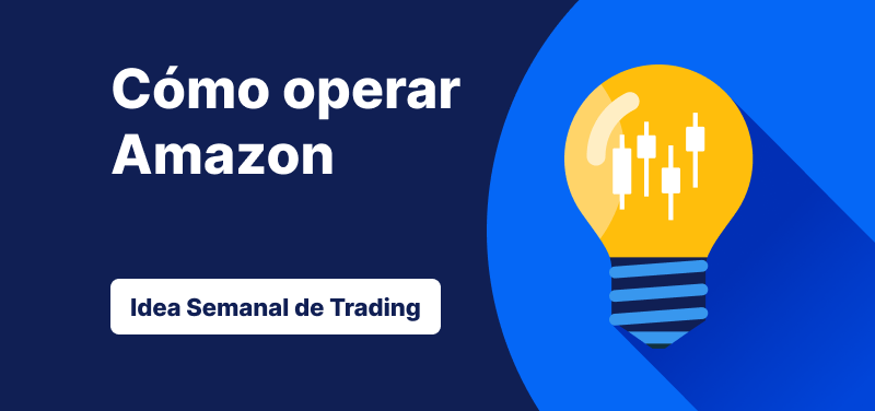 Bombilla con gráficos de velas en su interior sobre un fondo azul, texto: ‘Cómo Operar Acciones de Amazon. Idea de Inversión de la Semana’