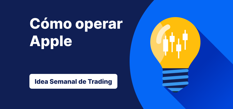 Bombilla con velas japonesas en su interior sobre un fondo azul, texto: 'Cómo Operar con Apple. Idea de Trading de la Semana'