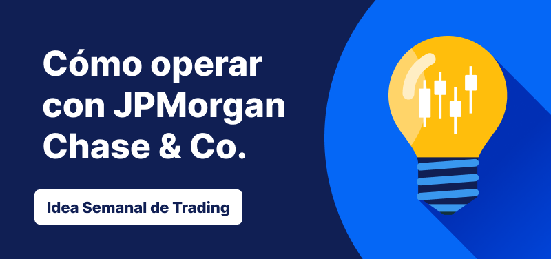Bombilla con barras de velas dentro sobre un fondo azul, texto: ‘How to Trade JPMorgan Chase & Co. Trade Idea of the Week’