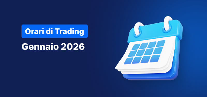 Sfondo blu con un calendario e la scritta: "Orari di Trading, Gennaio 2026"