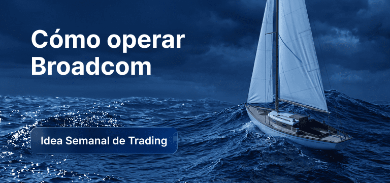 Bombilla con un gráfico de velas en su interior sobre un fondo azul y el texto «Cómo operar con Broadcom: idea de trading de la semana».