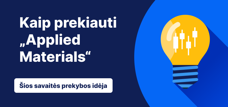Lemputė su žvakidės grafiku mėlyname fone, tekstas: „Kaip prekiauti „Applied Materials“. Savaitės prekybos idėja“