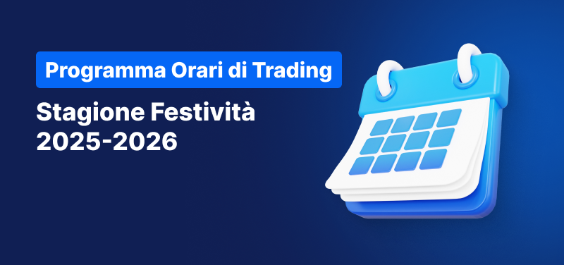 Sfondo blu con un calendario e la scritta: "Programma Orari di Trading. Stagione Festività 2025-2026".