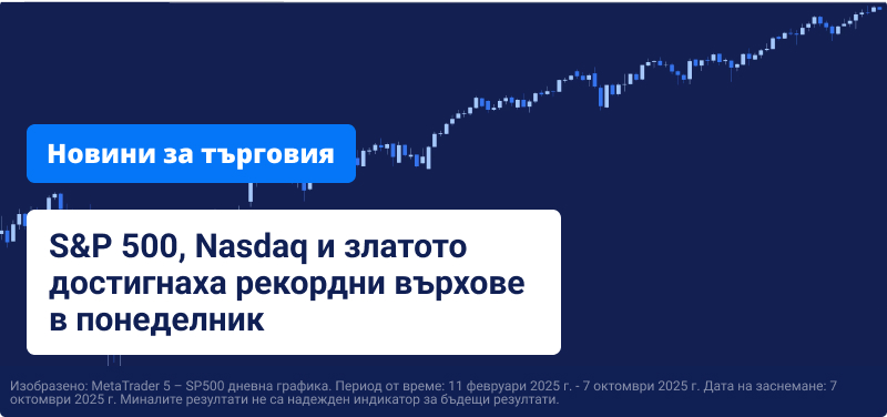 Търговска графика на син фон, текстът гласи: „S&P 500, Nasdaq и Злато достигнаха рекордни върхове в понеделник“.