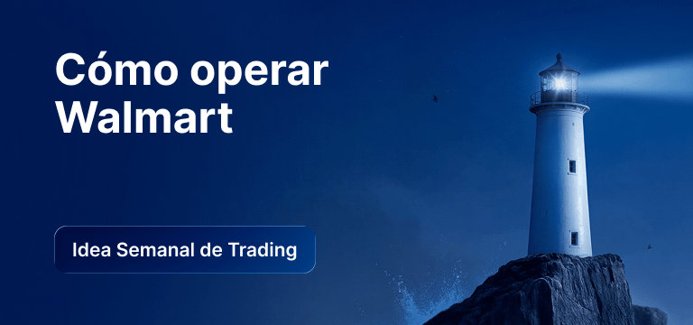 Bombilla con gráficos de velas en su interior sobre un fondo azul, texto: «Cómo operar con Walmart: idea de trading de la semana».
