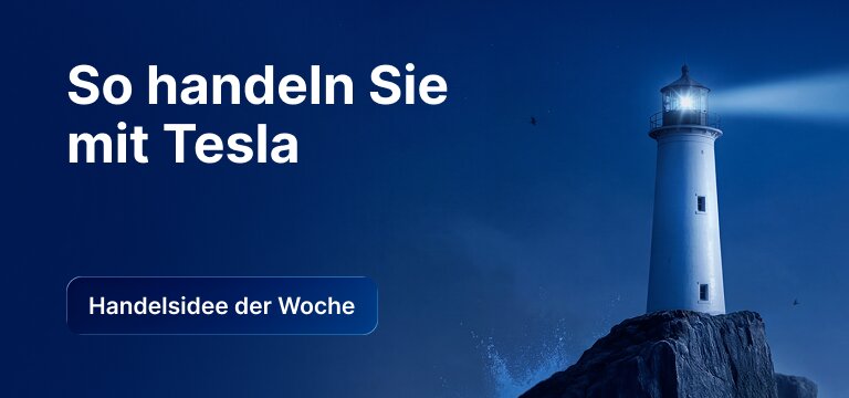 Grafik zur Handelsidee der Woche: So handeln Sie mit Tesla, mit Leuchtturm-Motiv im Hintergrund.