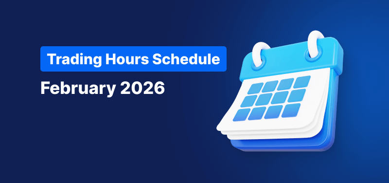 Calendar on a blue background, white text reads "Trading Hours Schedule February 2026".