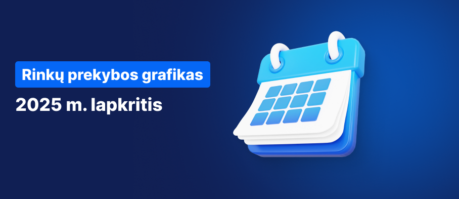 Kalendorius mėlyname fone, baltu tekstu parašyta „Prekybos valandų tvarkaraštis 2025 m. lapkričio mėn.“