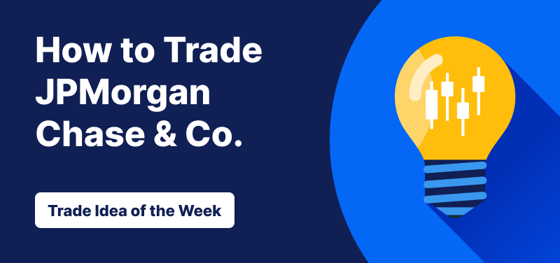 Light bulb with candlestick bars inside it against a blue background, text: ‘How to Trade JPMorgan Chase & Co. Trade Idea of the Week’