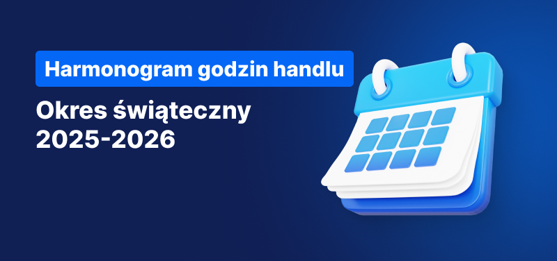 Kalendarz na niebieskim tle, biały tekst o treści „Harmonogram Godzin Handlu Okres Świąteczny 2025-2026”.